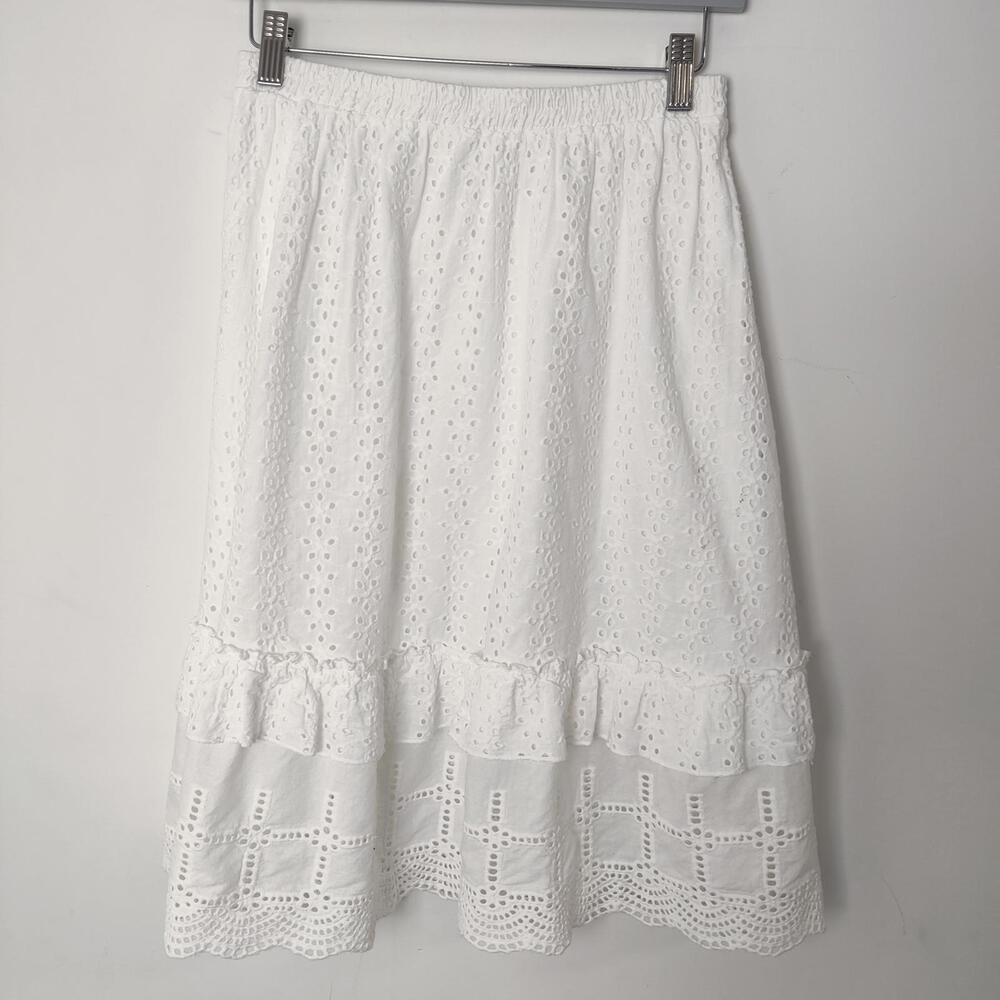 Solitaire White Eyelet Ruffle Midi Skirt Size Small Bohemian Summer Beach